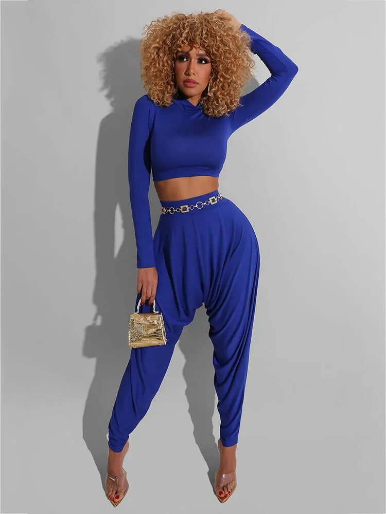 2 Pieces Long Sleeve Bodycon Crop Top Harem Pants Sets