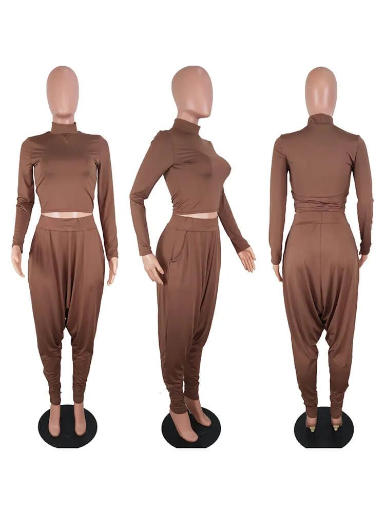 2 Pieces Long Sleeve Bodycon Crop Top Harem Pants Sets