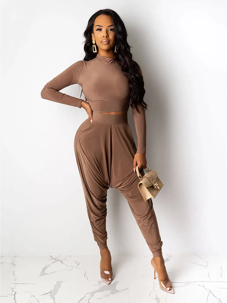 2 Pieces Long Sleeve Bodycon Crop Top Harem Pants Sets