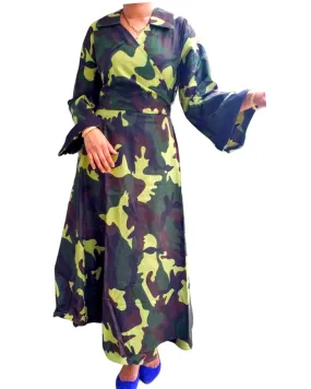 #8007- Women Long Wrap Dress/ Long Sleeves- Green Camouflage 63