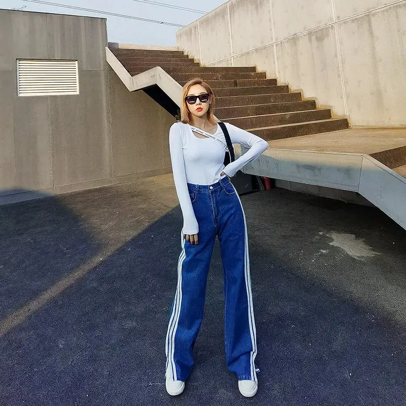 Aesthetic Striped Denim Wide-Leg Pants