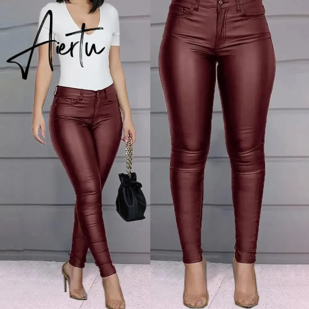 Aiertu Spring Women Pu Leather Pants Black Sexy Stretch Bodycon Trousers High Waist Long Casual Pencil S-3XL Winter