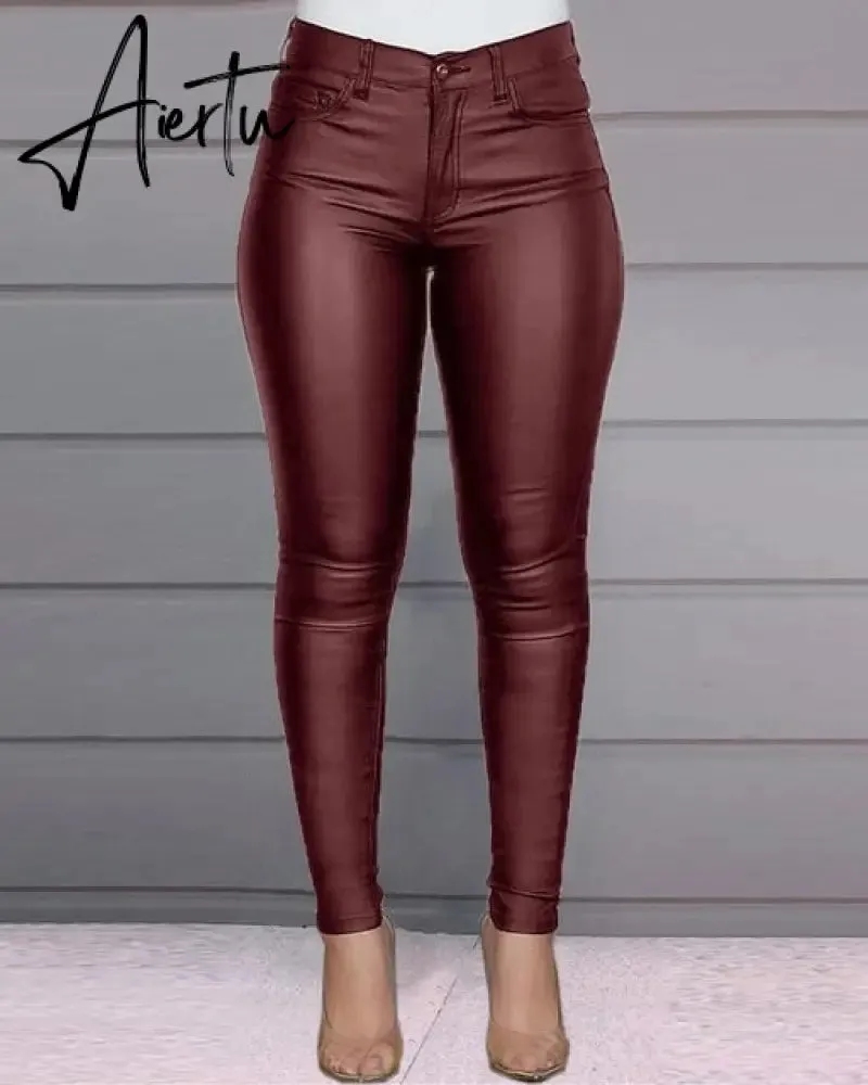 Aiertu Spring Women Pu Leather Pants Black Sexy Stretch Bodycon Trousers High Waist Long Casual Pencil S-3XL Winter