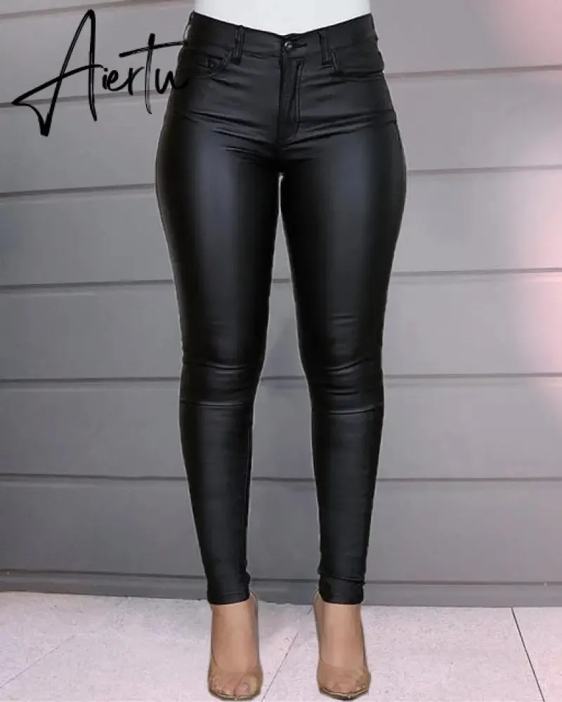 Aiertu Spring Women Pu Leather Pants Black Sexy Stretch Bodycon Trousers High Waist Long Casual Pencil S-3XL Winter