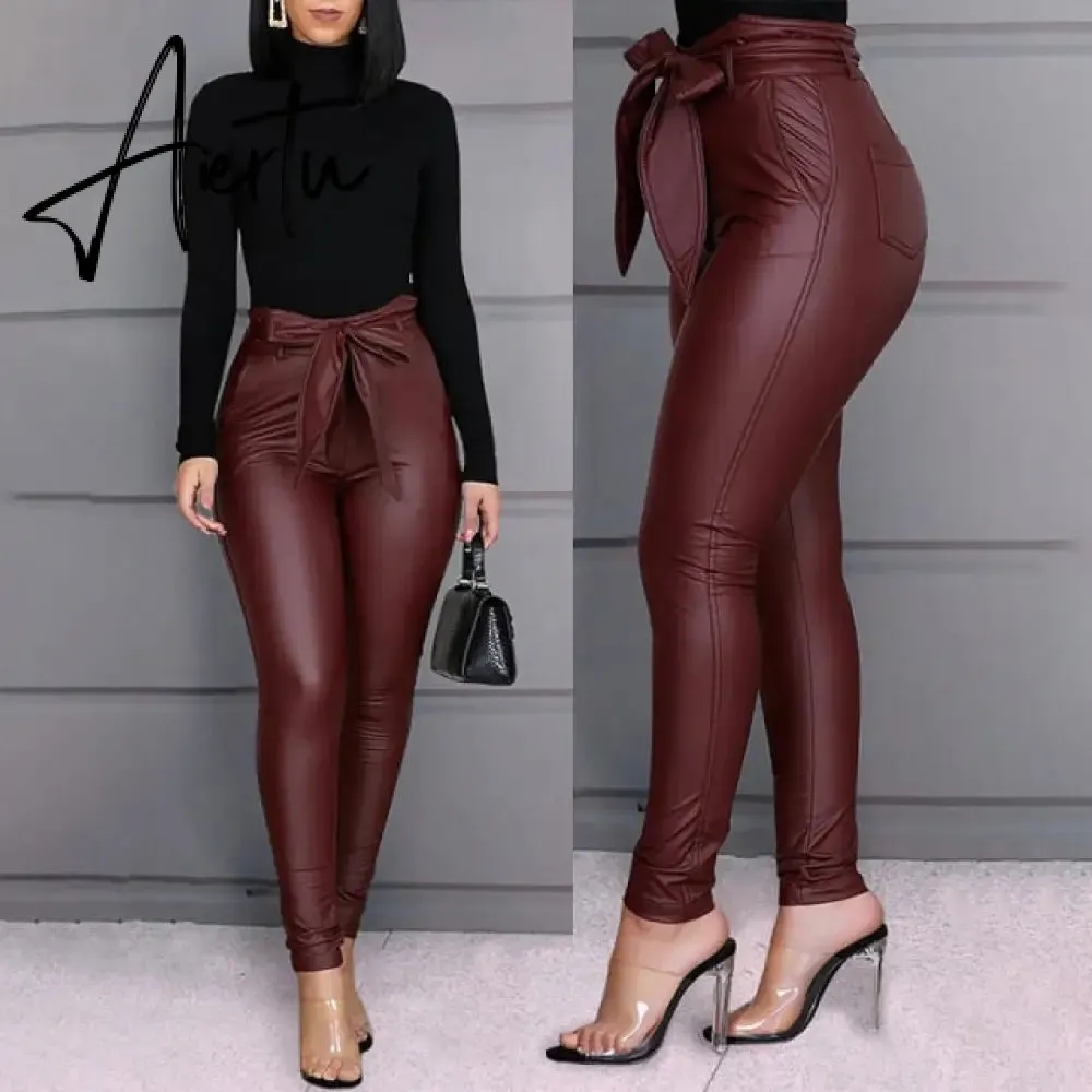 Aiertu Spring Women Pu Leather Pants Black Sexy Stretch Bodycon Trousers High Waist Long Casual Pencil S-3XL Winter