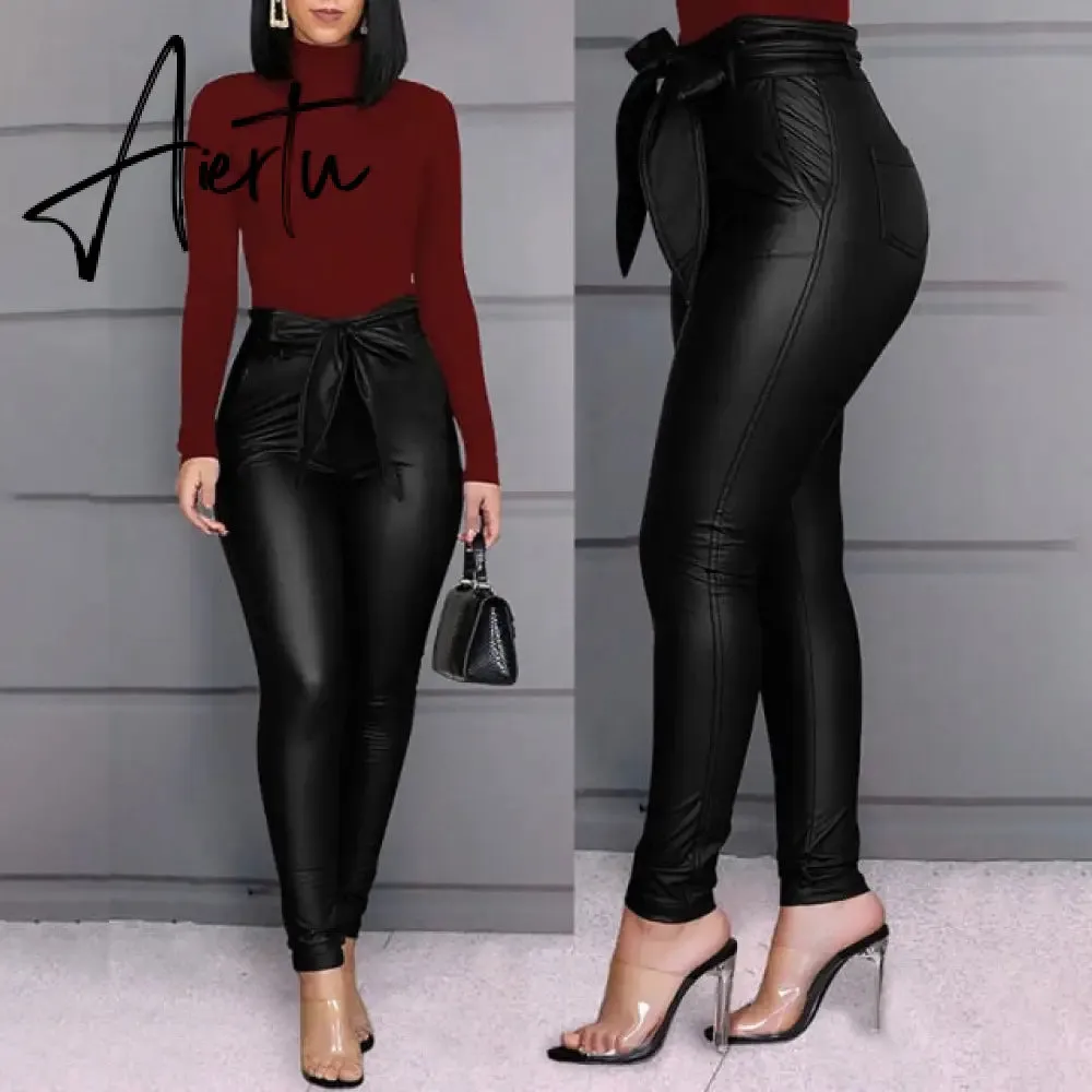 Aiertu Spring Women Pu Leather Pants Black Sexy Stretch Bodycon Trousers High Waist Long Casual Pencil S-3XL Winter