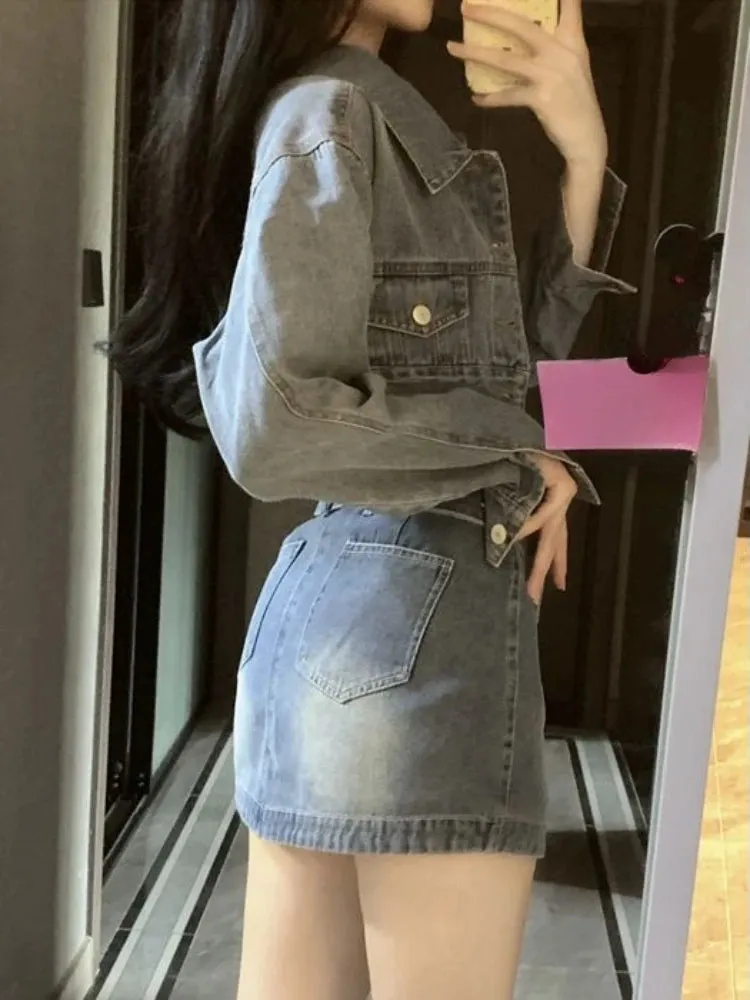 Aiertu Vintage Denim Suit Woman Slim Casual Short Cardigan   Sexy Bodycon Y2k Mini Skirt Elegant Korean Fashion Set 2024 Spring Chic