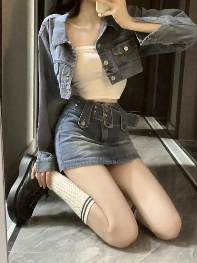 Aiertu Vintage Denim Suit Woman Slim Casual Short Cardigan   Sexy Bodycon Y2k Mini Skirt Elegant Korean Fashion Set 2024 Spring Chic