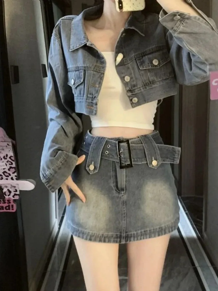 Aiertu Vintage Denim Suit Woman Slim Casual Short Cardigan   Sexy Bodycon Y2k Mini Skirt Elegant Korean Fashion Set 2024 Spring Chic