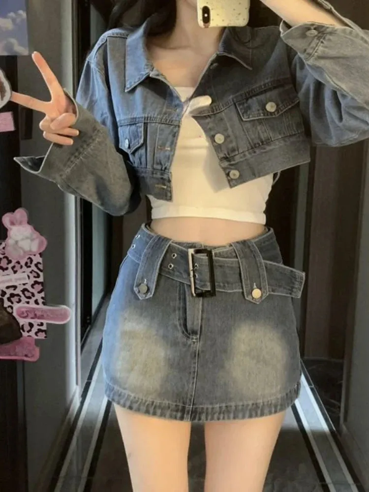 Aiertu Vintage Denim Suit Woman Slim Casual Short Cardigan   Sexy Bodycon Y2k Mini Skirt Elegant Korean Fashion Set 2024 Spring Chic