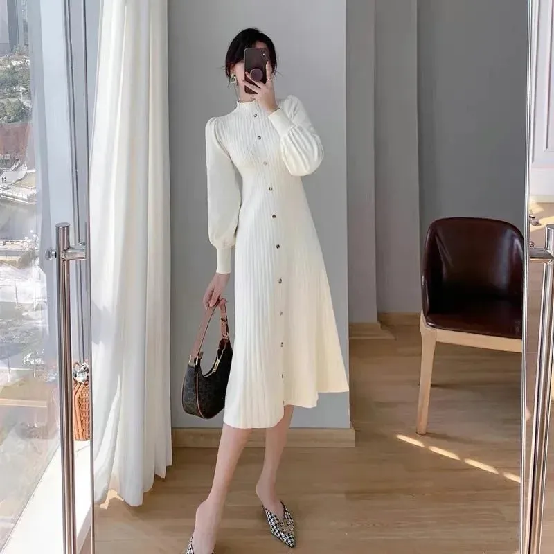 Amozae-2024 Autumn/Winter New Elegant Korean Sweater Dress Half Polo/Turtle Neck Inner Medium-Length Knit Long Sleeve Dress For Women