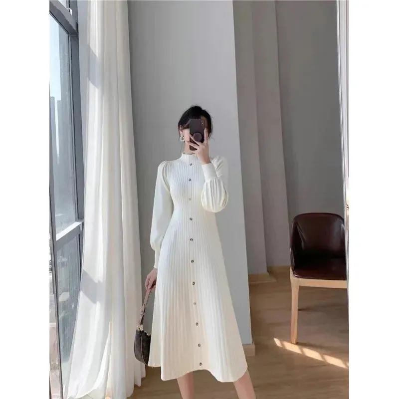 Amozae-2024 Autumn/Winter New Elegant Korean Sweater Dress Half Polo/Turtle Neck Inner Medium-Length Knit Long Sleeve Dress For Women