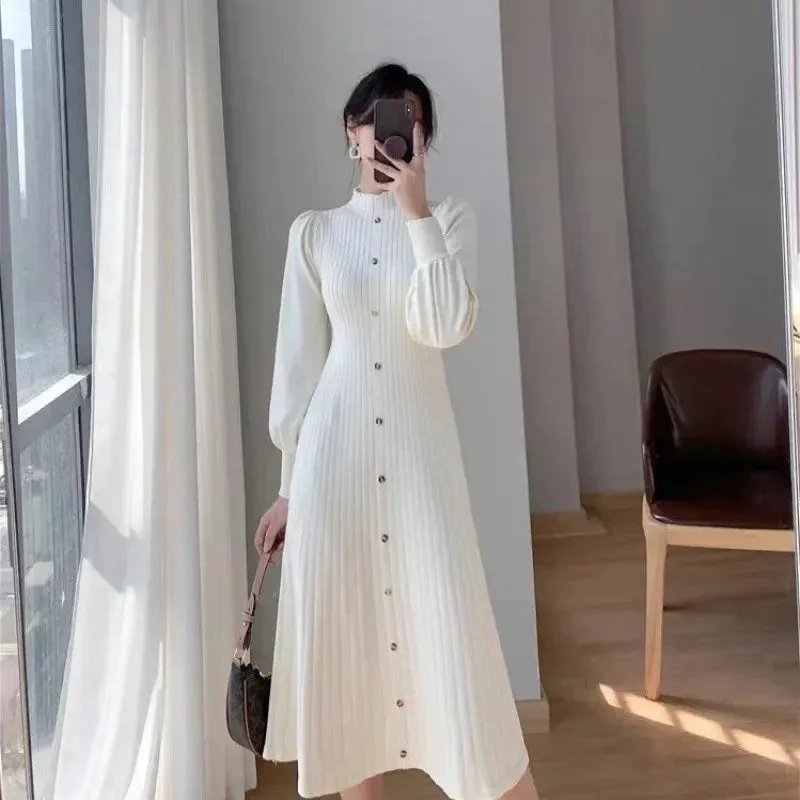 Amozae-2024 Autumn/Winter New Elegant Korean Sweater Dress Half Polo/Turtle Neck Inner Medium-Length Knit Long Sleeve Dress For Women