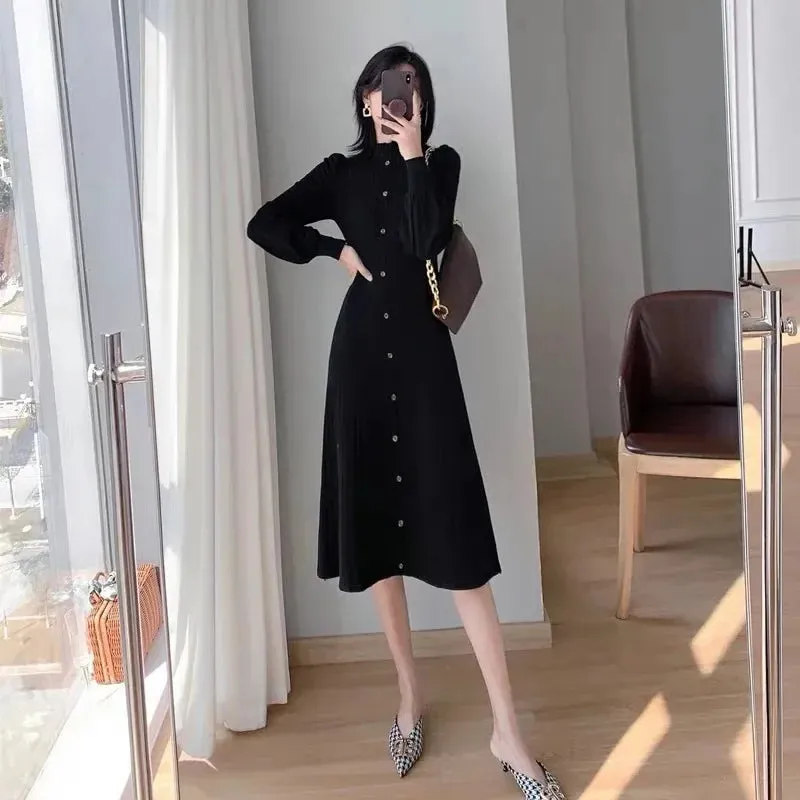 Amozae-2024 Autumn/Winter New Elegant Korean Sweater Dress Half Polo/Turtle Neck Inner Medium-Length Knit Long Sleeve Dress For Women