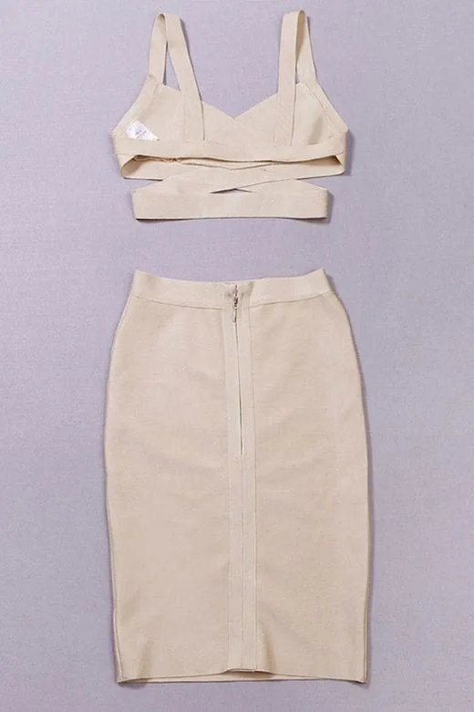 Ang Bandage Top and Knee Length Skirt Set- Cream