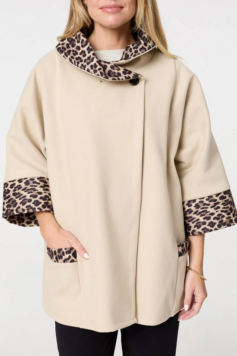 Animal Print Trim 3/4 Sleeve Cape Coat