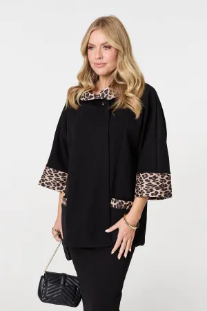 Animal Print Trim 3/4 Sleeve Cape Coat