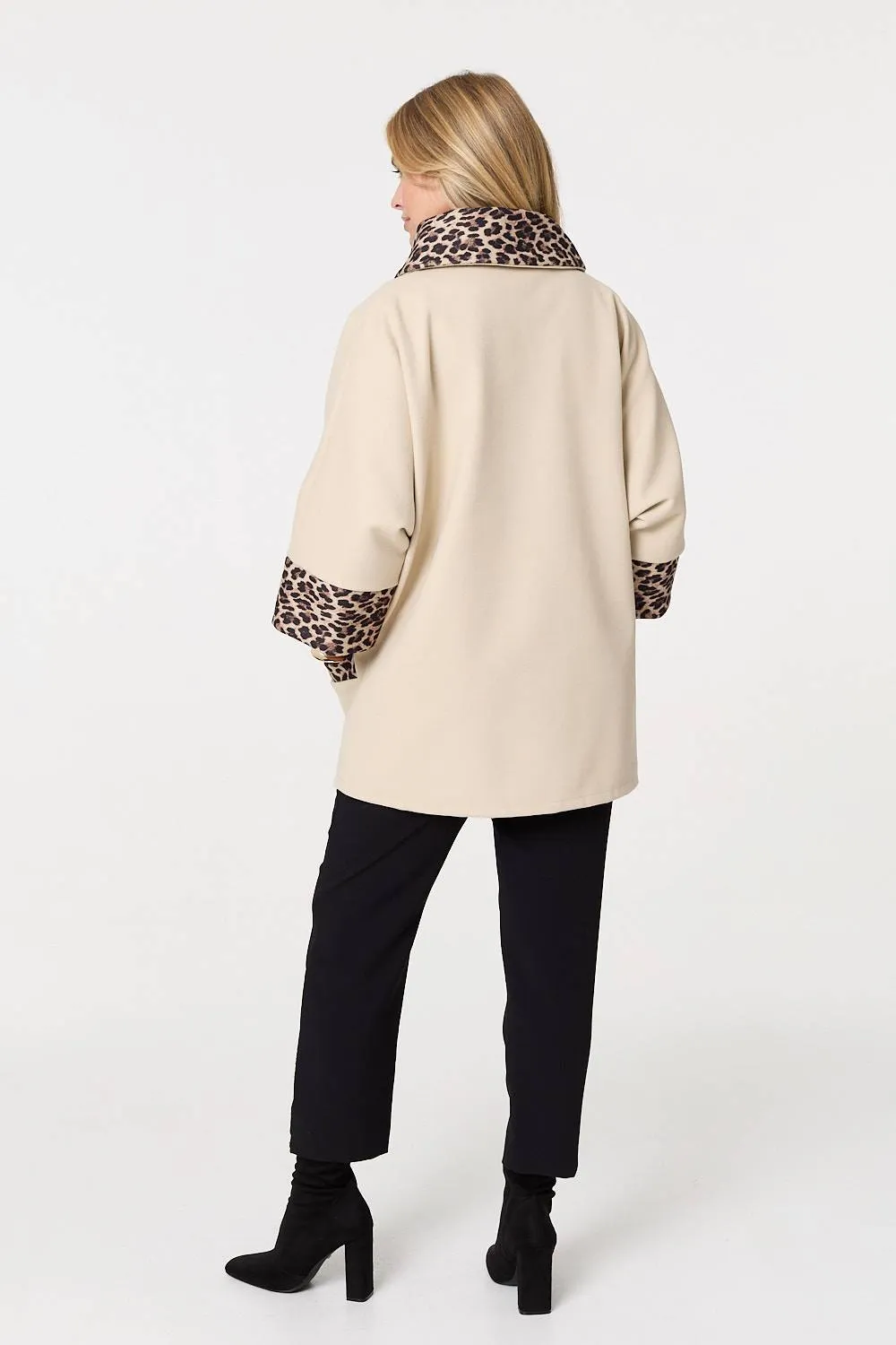 Animal Print Trim 3/4 Sleeve Cape Coat