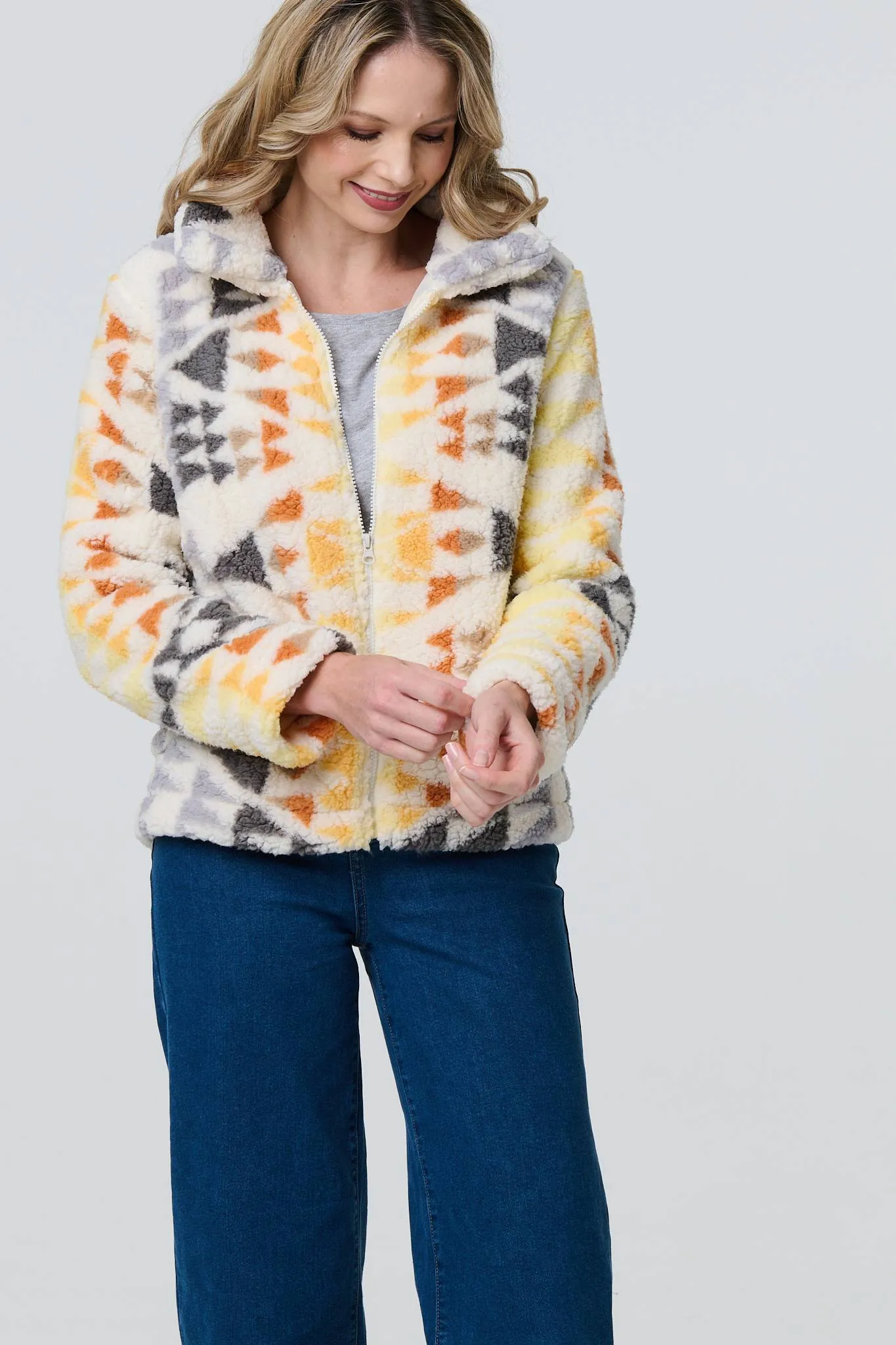 Aztec Print Relaxed Teddy Fur Jacket