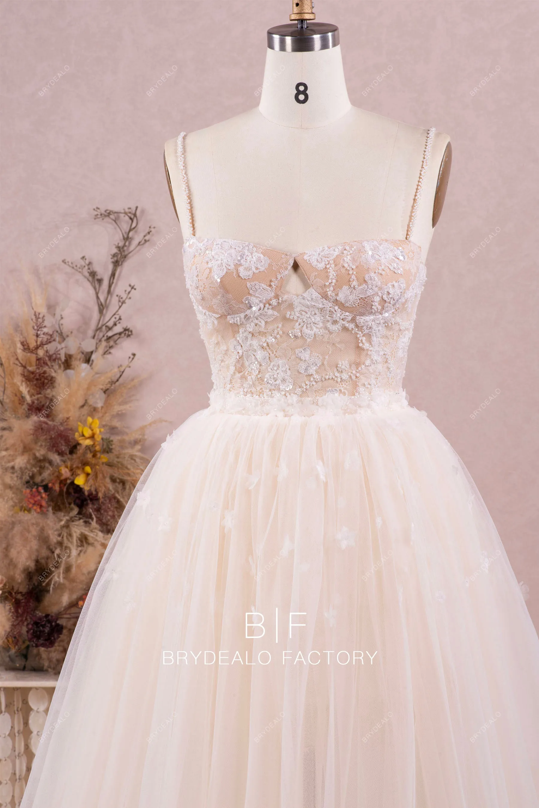 Beaded Lace Bridal Bodycon With Detachable Puffy Flower Overskirt