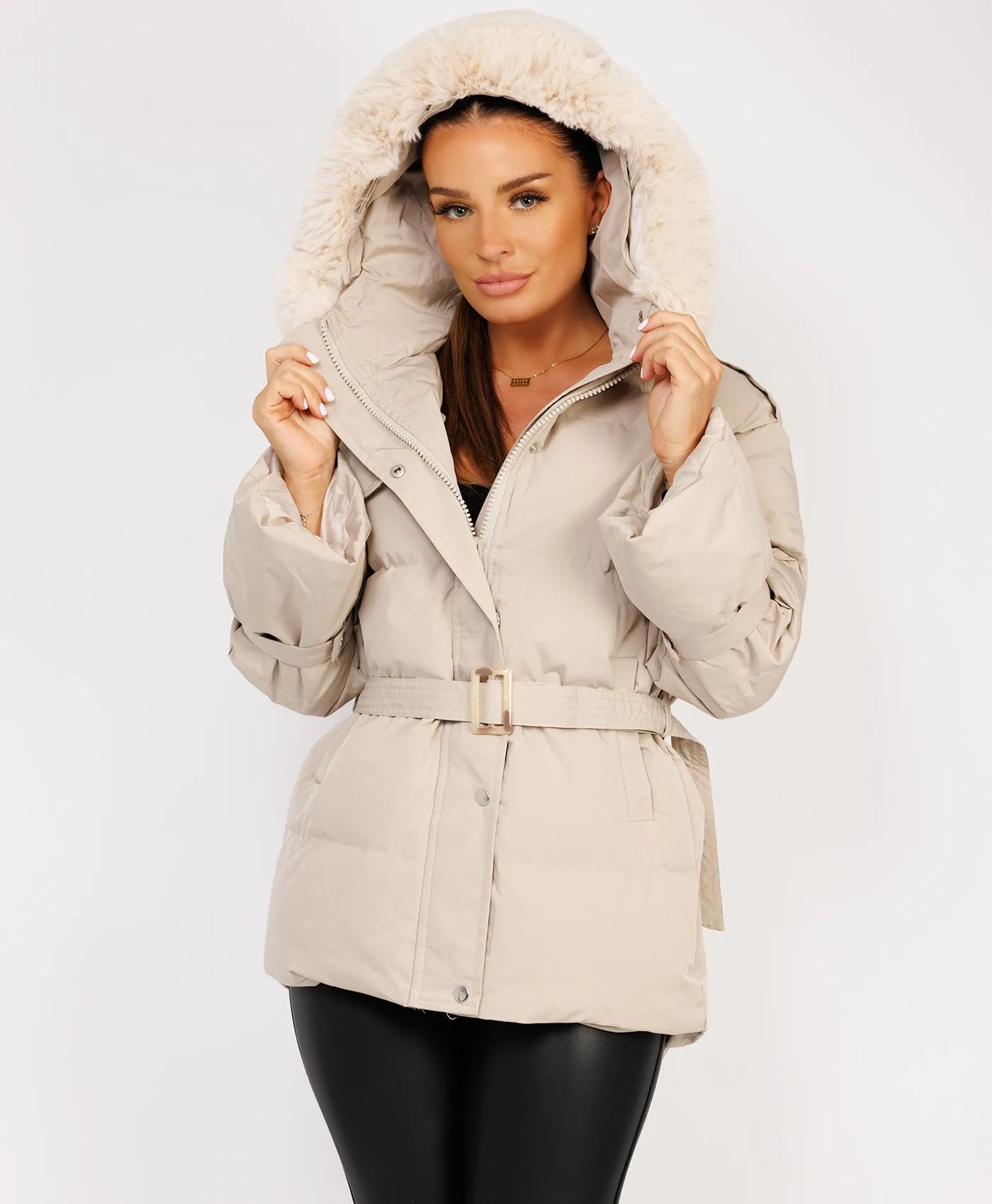 Beige Padded Faux Fur Hood Ivory Waist Belted Jacket