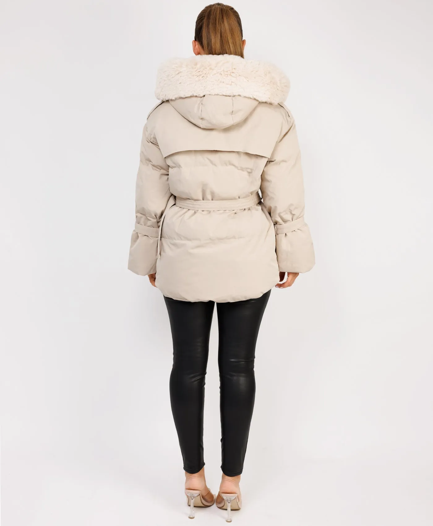 Beige Padded Faux Fur Hood Ivory Waist Belted Jacket