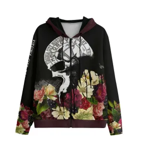 Black and Flower Skull Ladies Cotton Zip Up Hoodie