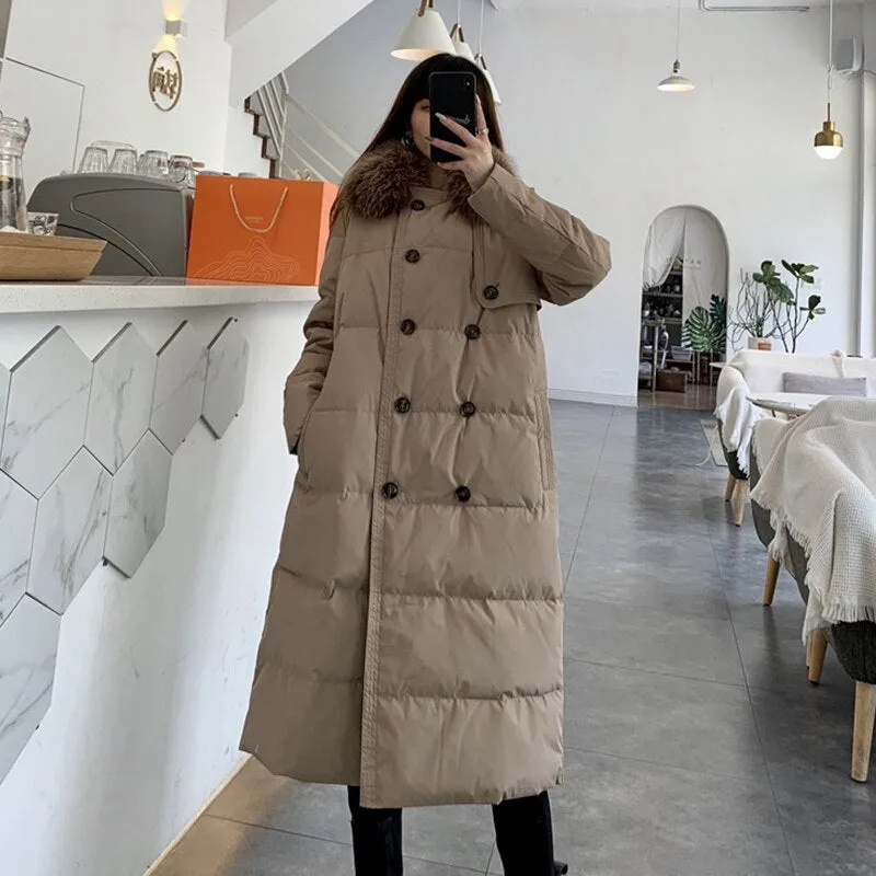 Black Friday Sales New Winter Women Natural Fox Fur Collar 90% White Duck Down Parka Casual Female Double Breasted Long Down Coat Outwear