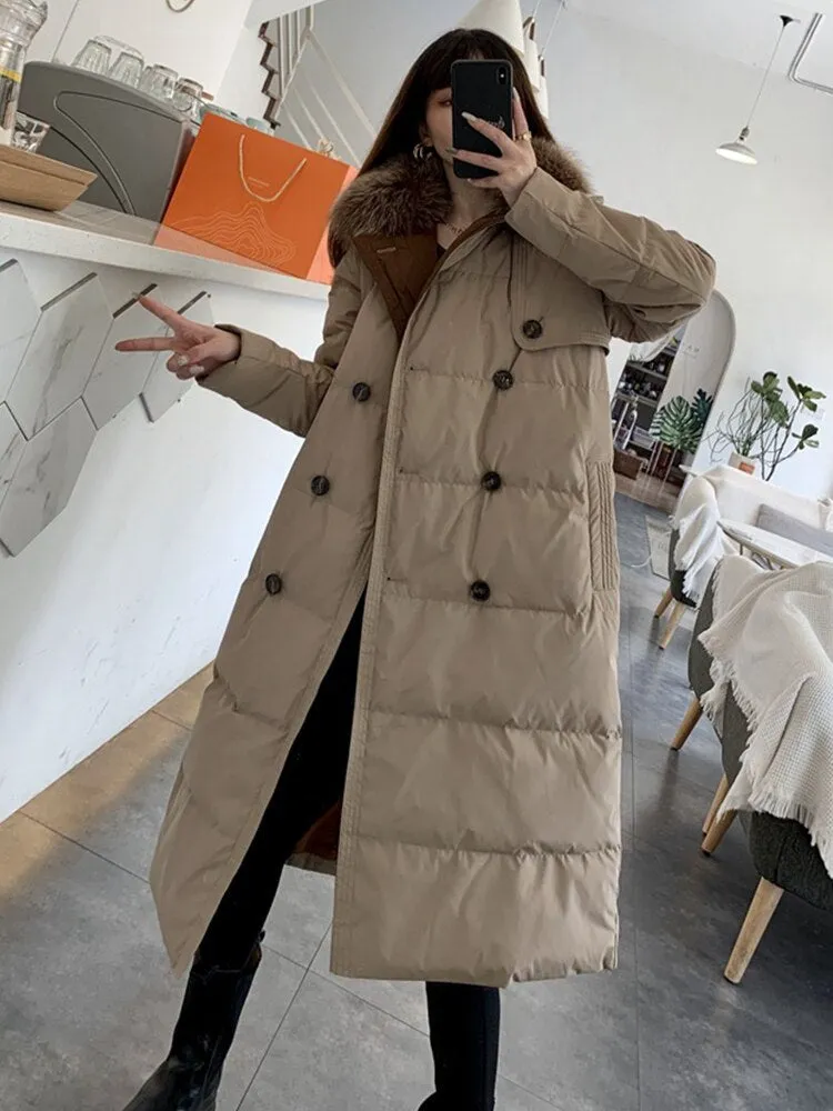 Black Friday Sales New Winter Women Natural Fox Fur Collar 90% White Duck Down Parka Casual Female Double Breasted Long Down Coat Outwear