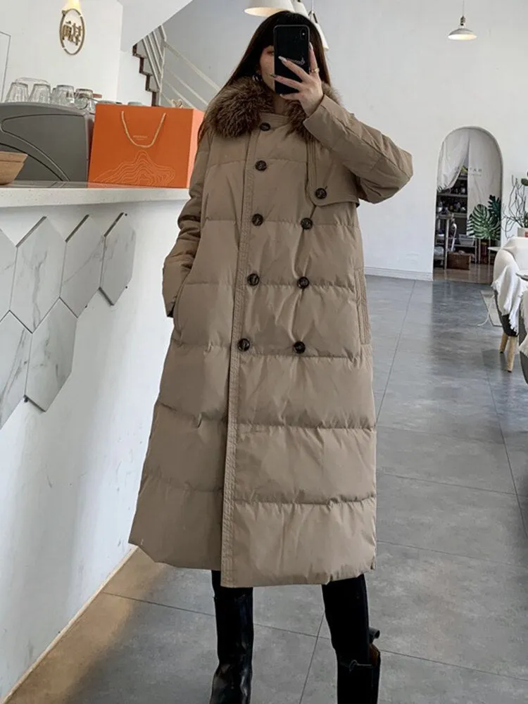 Black Friday Sales New Winter Women Natural Fox Fur Collar 90% White Duck Down Parka Casual Female Double Breasted Long Down Coat Outwear