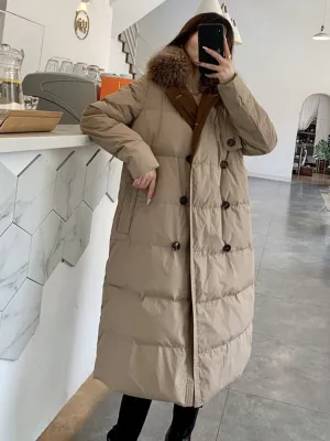 Black Friday Sales New Winter Women Natural Fox Fur Collar 90% White Duck Down Parka Casual Female Double Breasted Long Down Coat Outwear