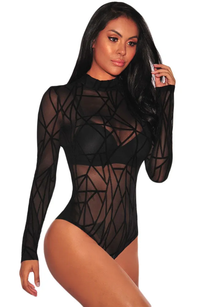 Black Geometric Mesh Velvet Bodysuit