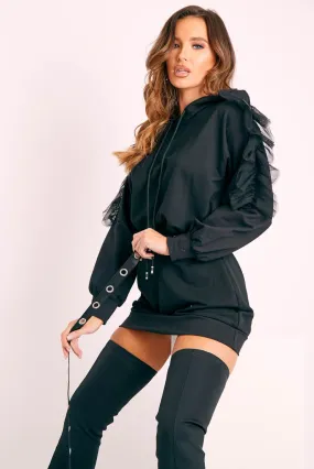 Black Mesh Frill Sleeve Hoodie Jumper Dress - Carlotta