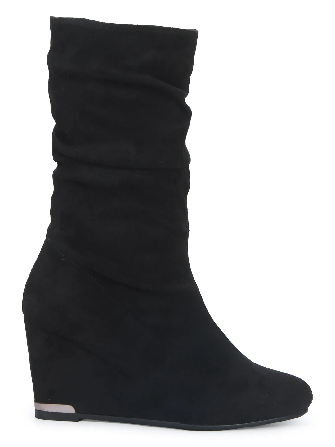 Black Micro Slouched Wedge Heel Ankle Boots