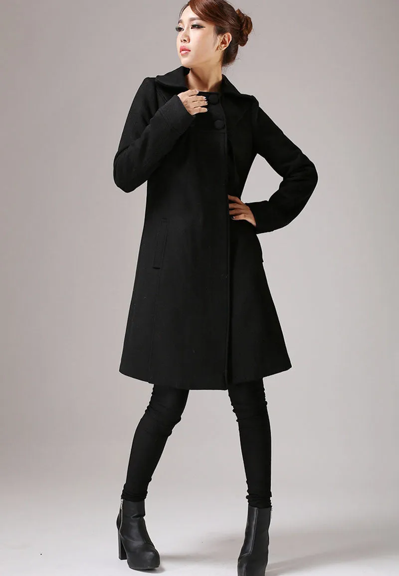 Black Wool Classic Coat with Top Buttoning - A-Line Winter Jacket Simple Style Knee Length 754#