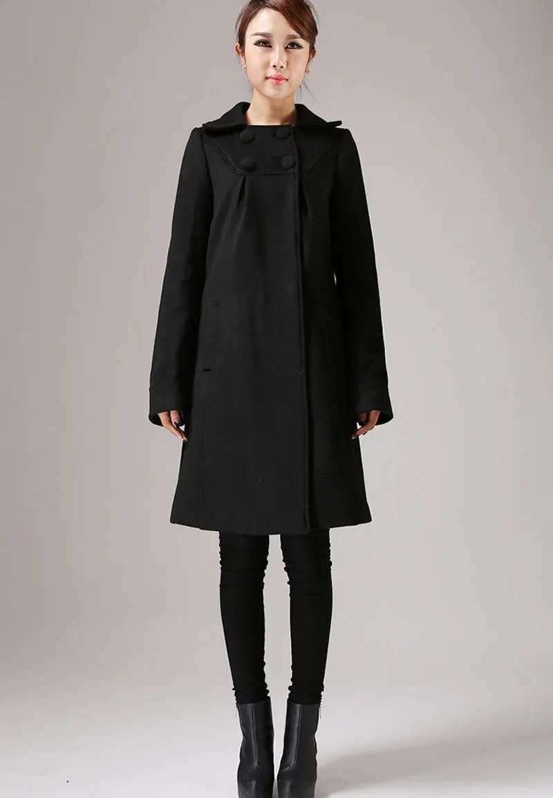 Black Wool Classic Coat with Top Buttoning - A-Line Winter Jacket Simple Style Knee Length 754#