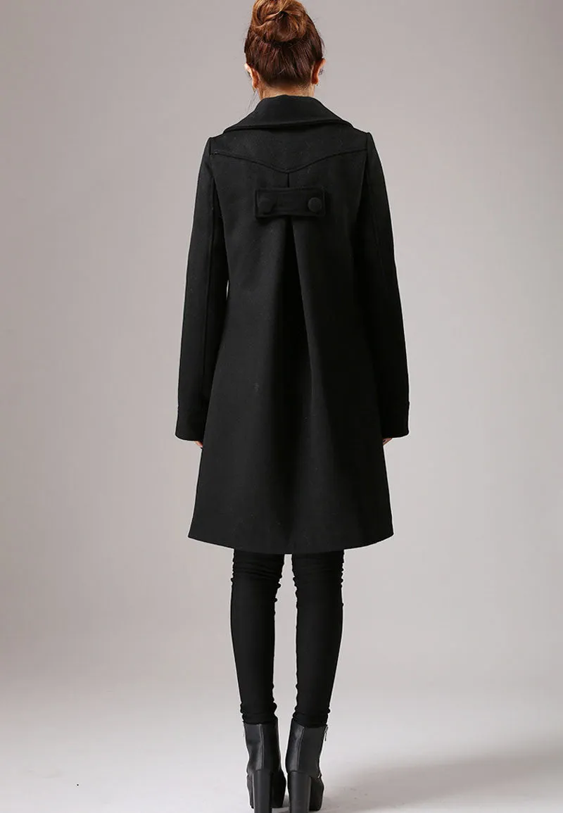 Black Wool Classic Coat with Top Buttoning - A-Line Winter Jacket Simple Style Knee Length 754#