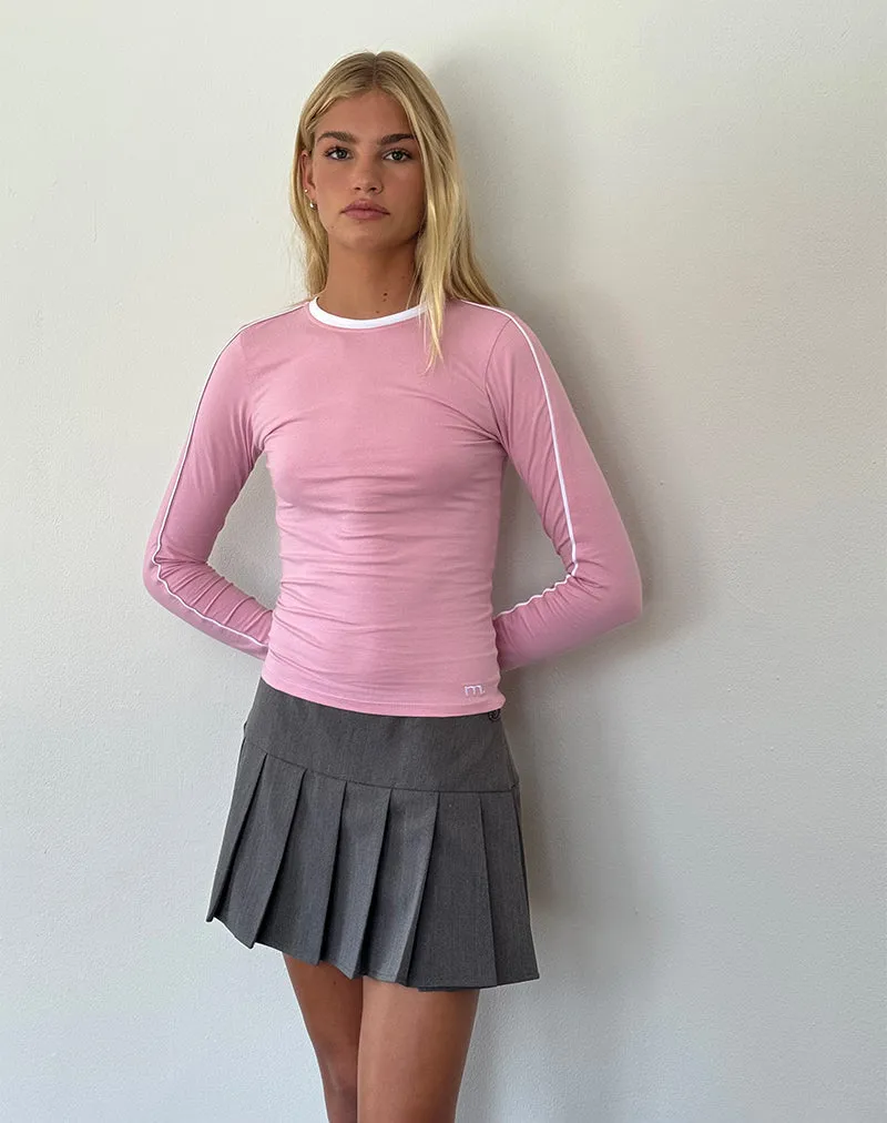 Bonija Long Sleeve Top in Flamingo Pink with White Piping and M Embroidery