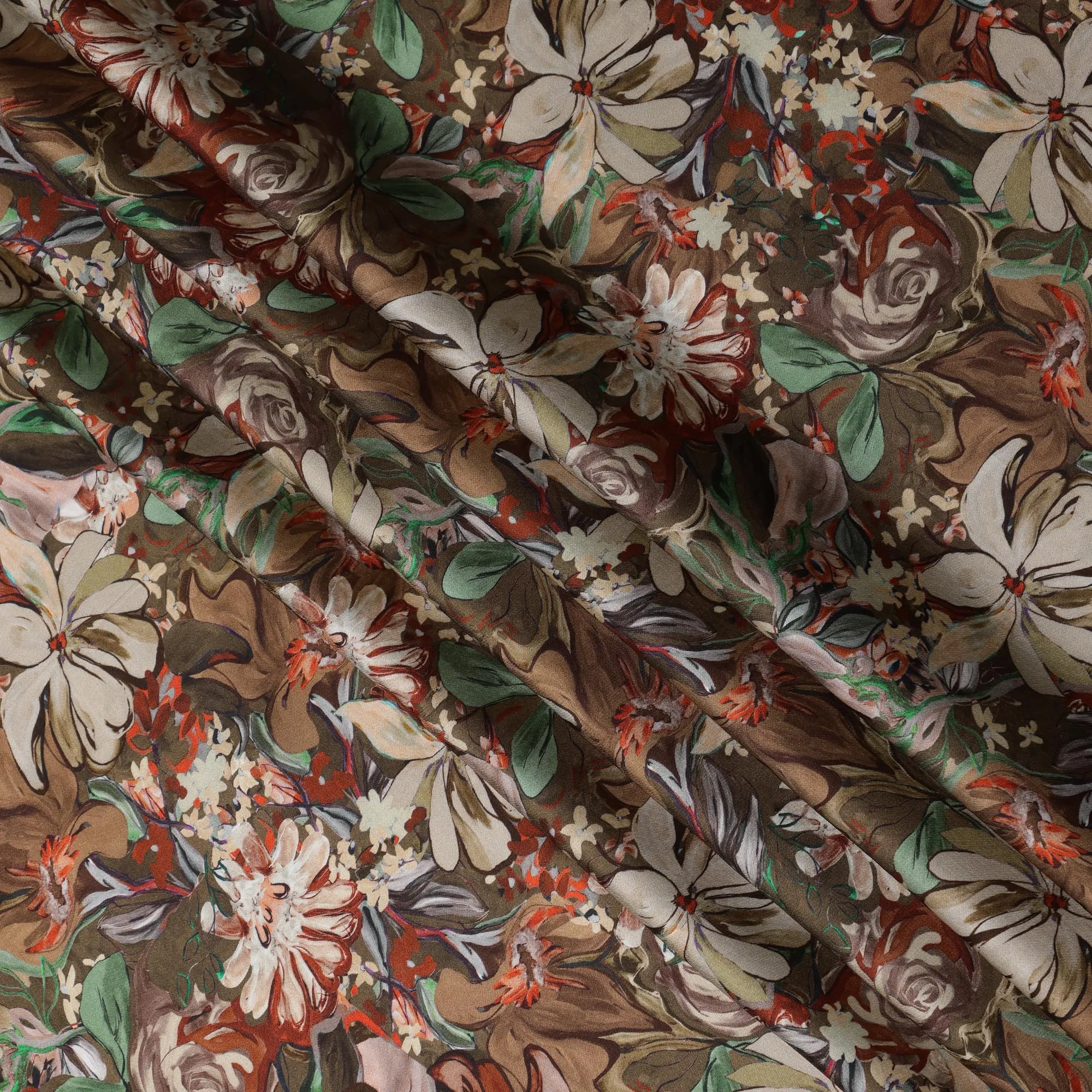 Brown Synthetic Modal Satin Fabric with Floral Print, 110 cm Width-D20959