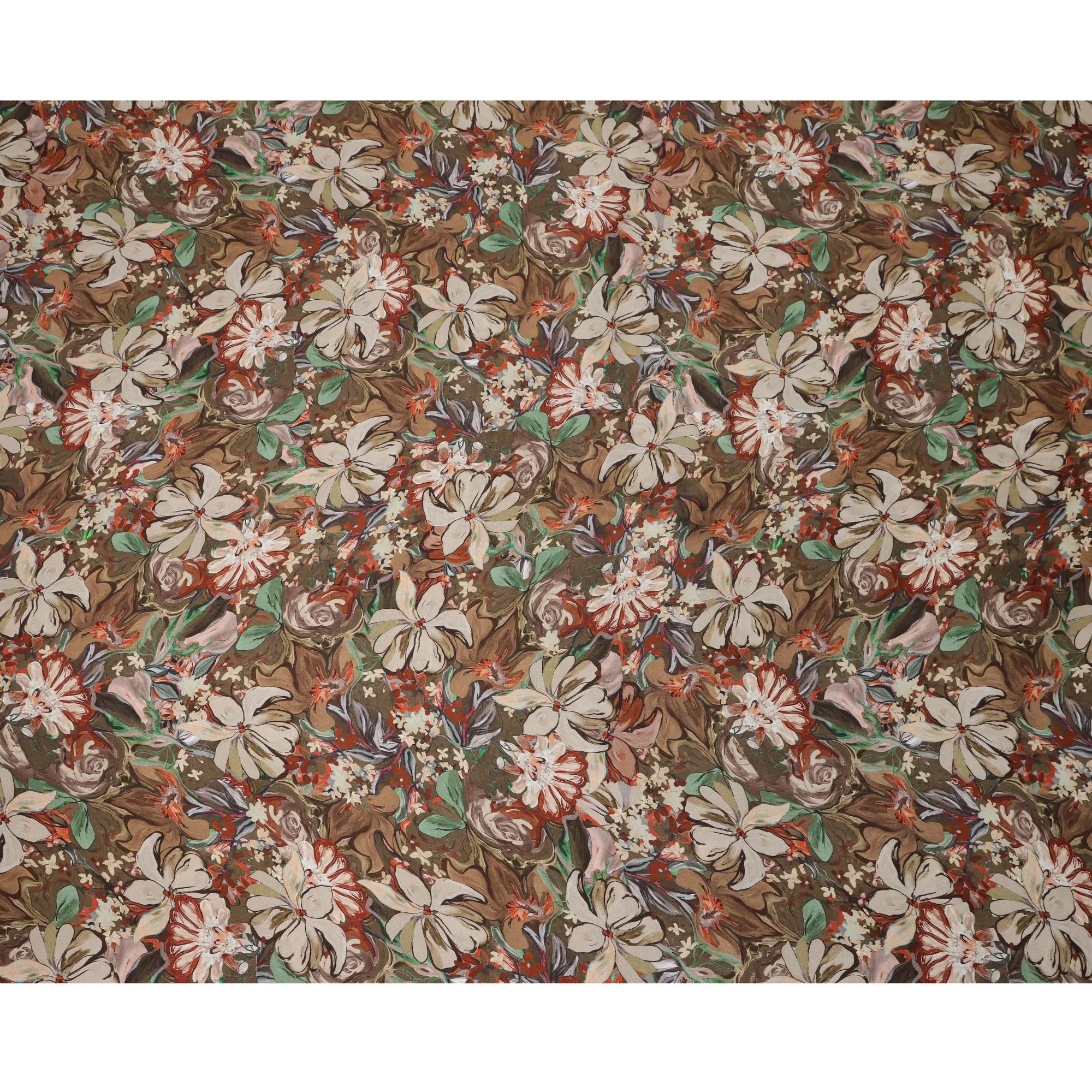 Brown Synthetic Modal Satin Fabric with Floral Print, 110 cm Width-D20959