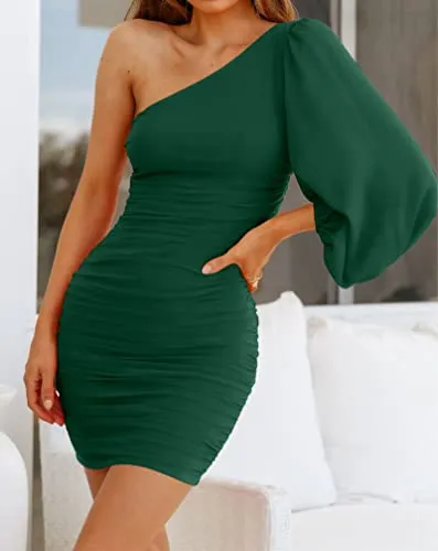 BTFBM Women One Shoulder Ruched Bodycon Mini Dress Puff Long Sleeve 2023 Spring Summer Club Party Cocktail Short Dresses(Solid Dark Army Green, X-Large)