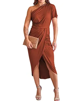 BTFBM Women One Shoulder Short Sleeve Ruched Casual Dresses Asymmetrical Wrap Front Split Cocktail Party Summer Midi Dress(Solid Brick Red, Large)