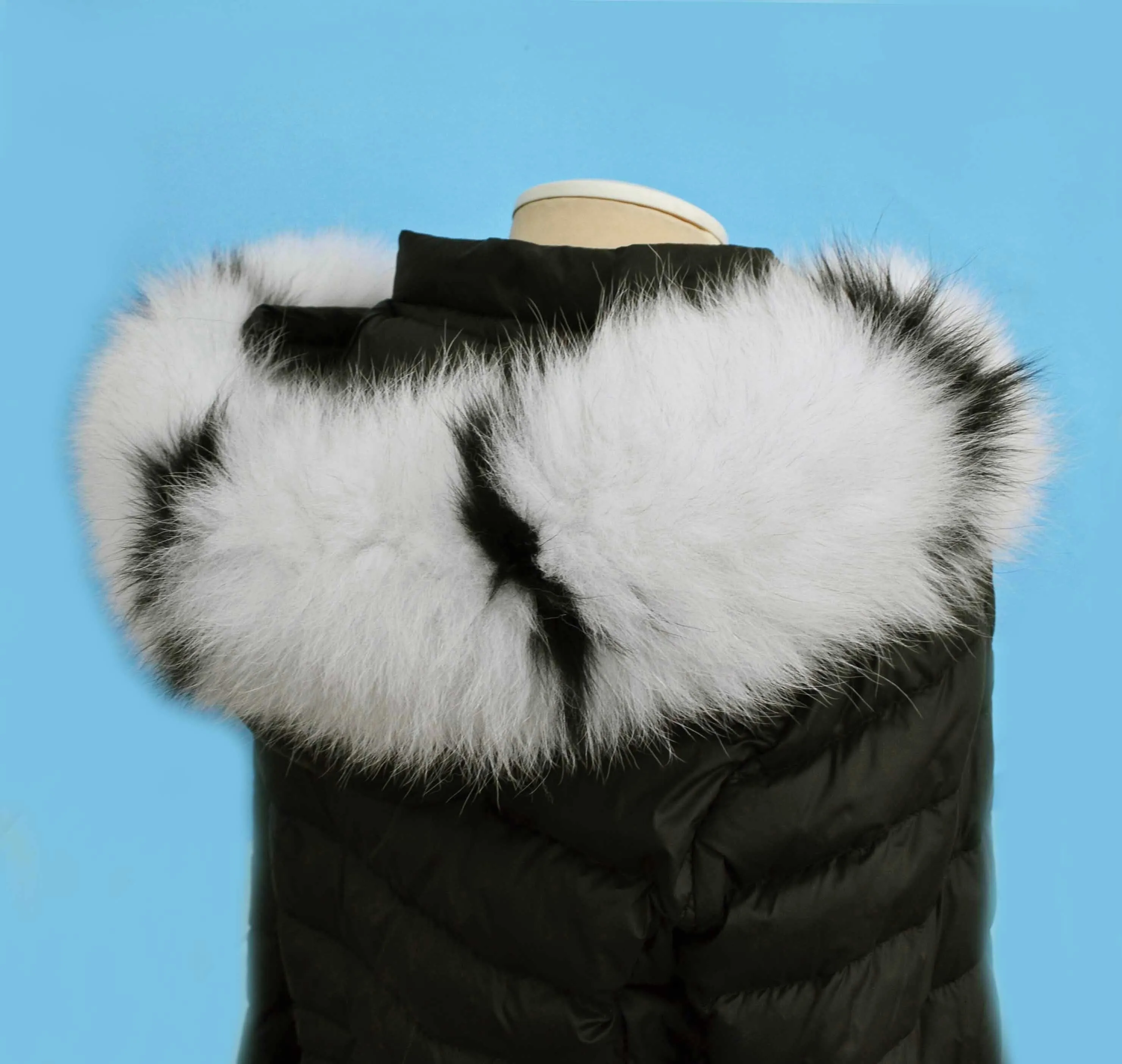 BY ORDER XXL Real Fox Fur (skin) Trim Hood with lining and buttons, White and Black Fox Fur Collar, Large Fur Scarf Ruff, Real Fur Hood