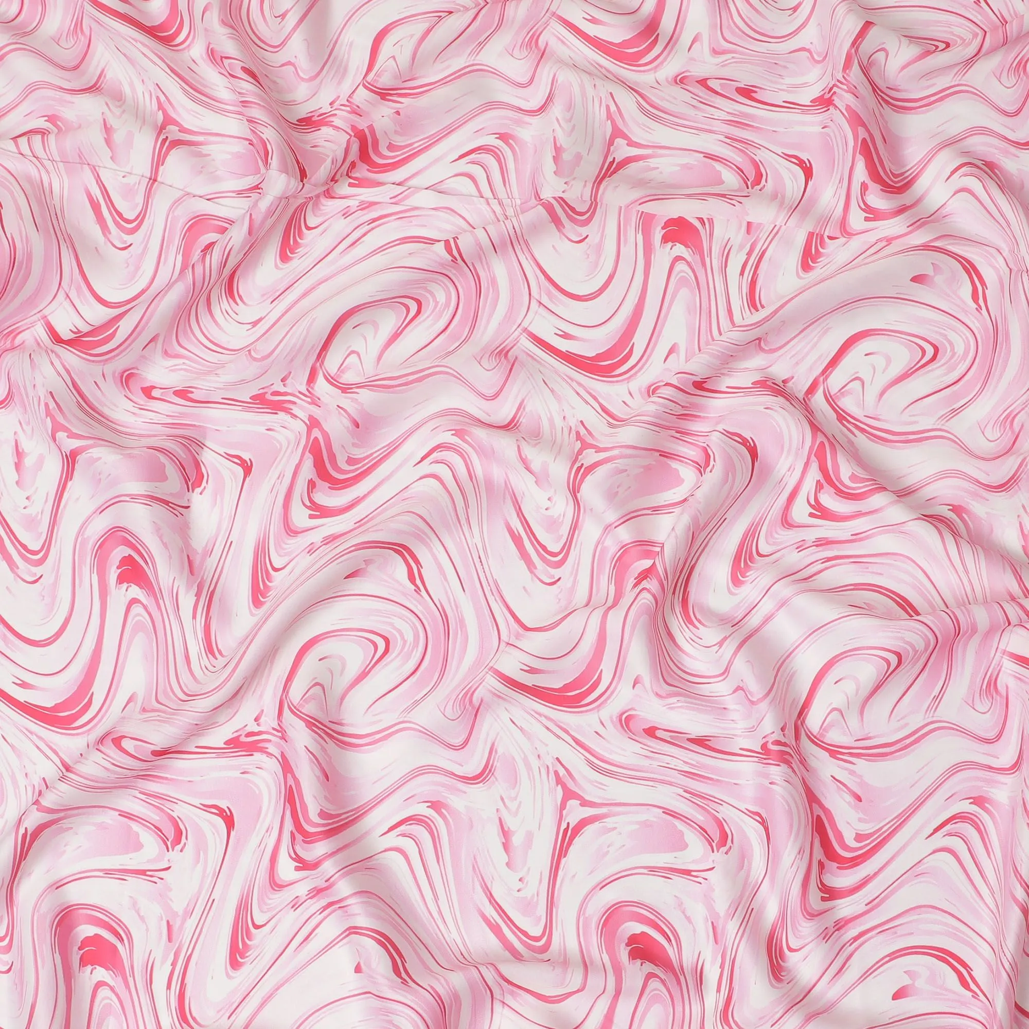 Candy Swirl Synthetic Modal Satin Fabric - Playful Pink and White Waves, 110cm Wide - Buy Online in Meters-D18342