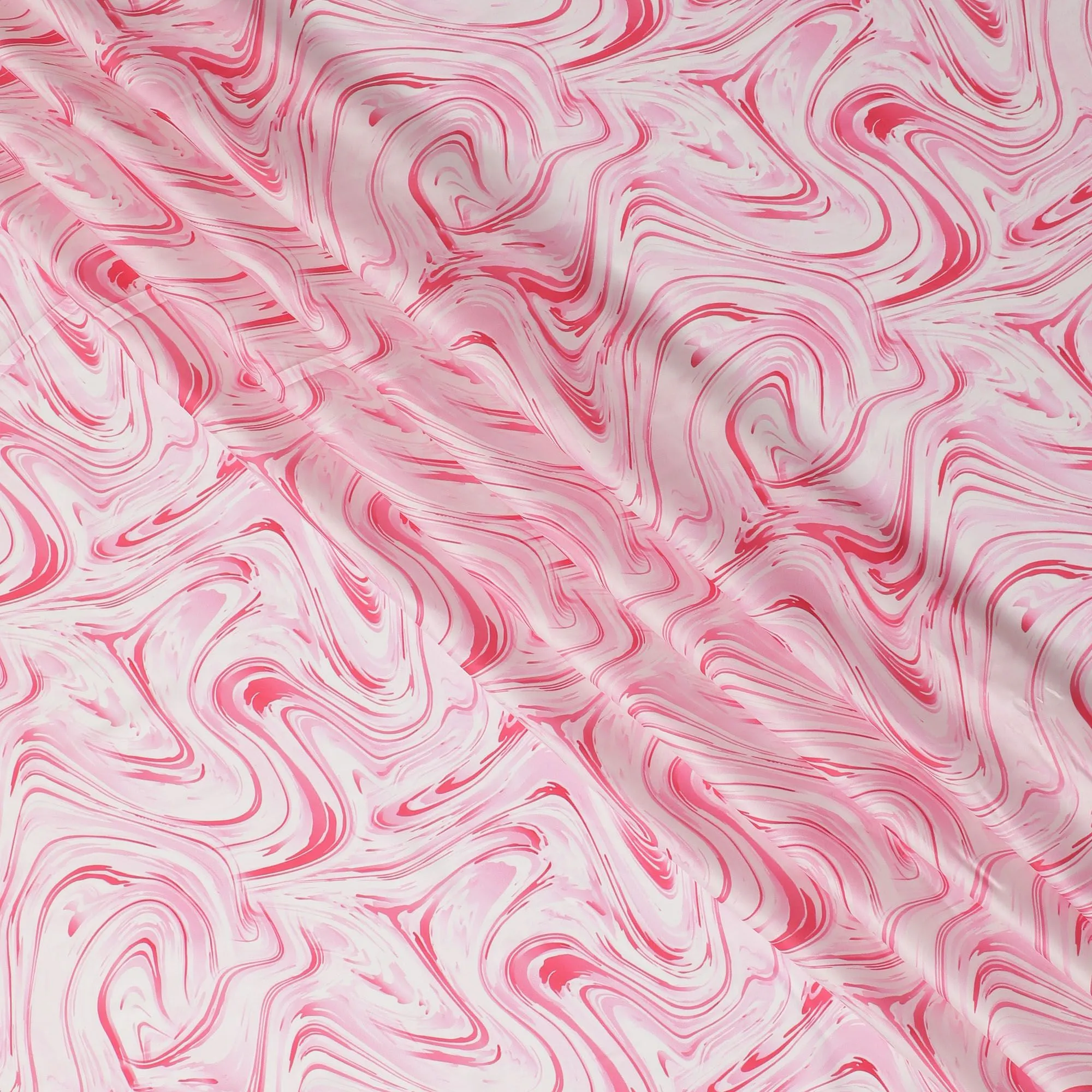 Candy Swirl Synthetic Modal Satin Fabric - Playful Pink and White Waves, 110cm Wide - Buy Online in Meters-D18342