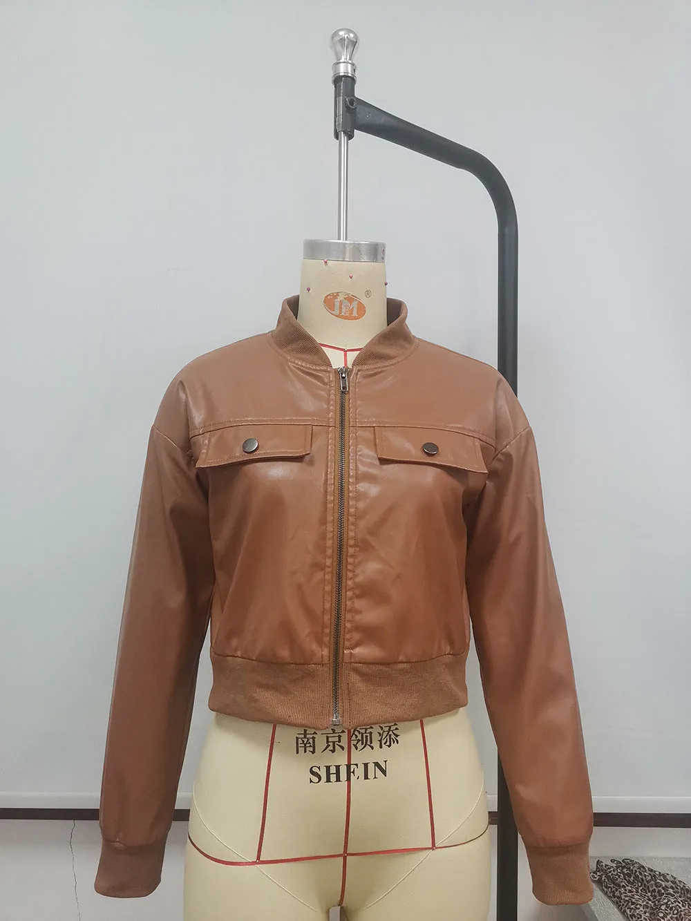 Casual Short Women Jacket  Long-sleeved Solid Color Leather Jacket