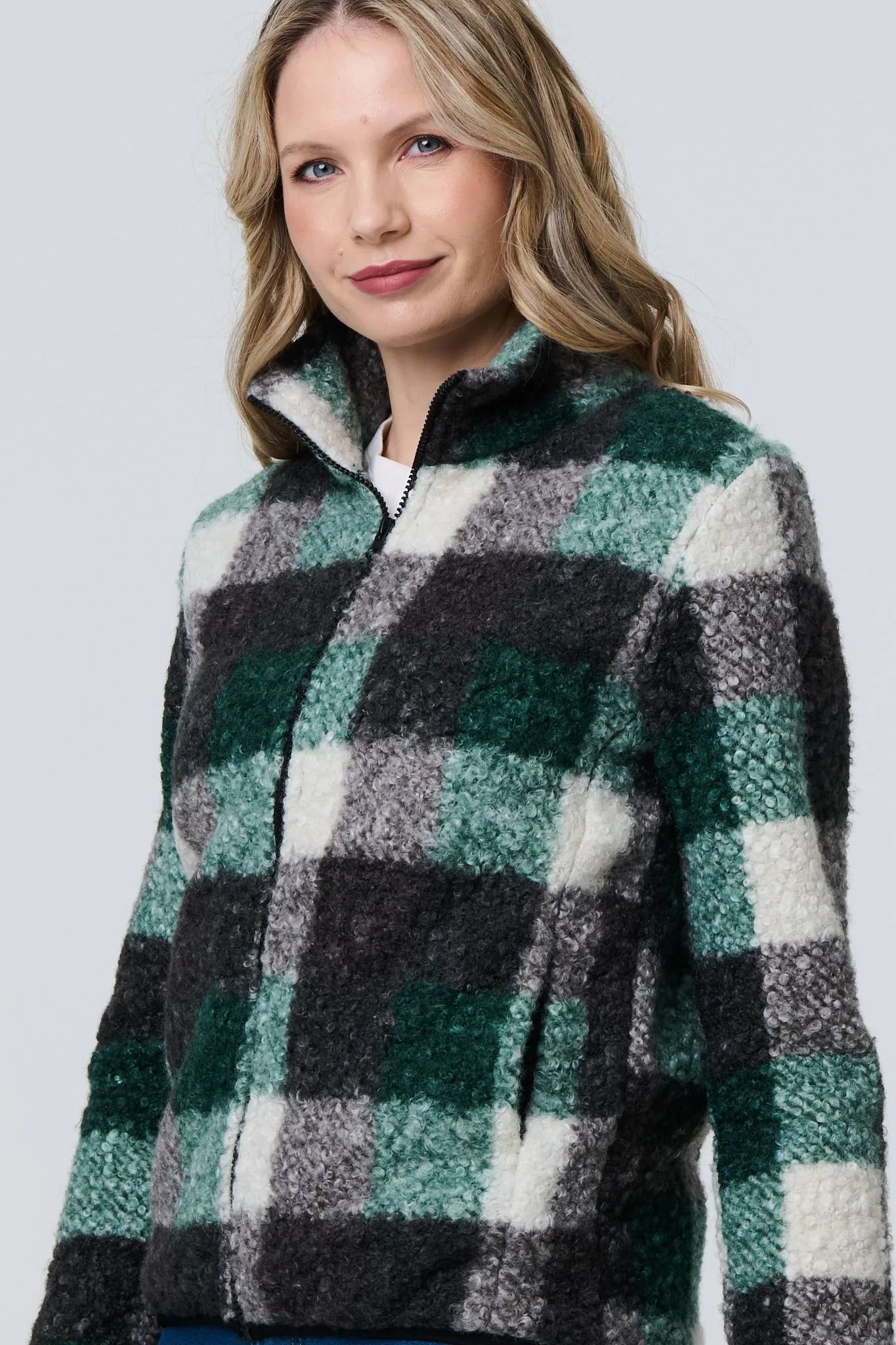 Checked Zip Front Boxy Teddy Jacket