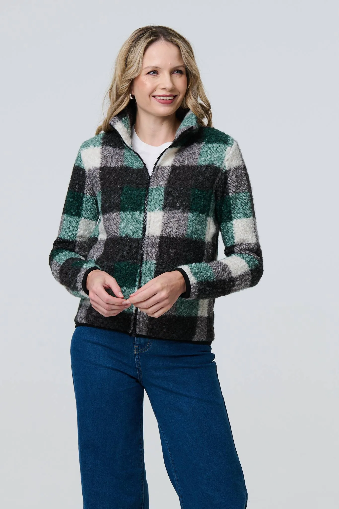 Checked Zip Front Boxy Teddy Jacket