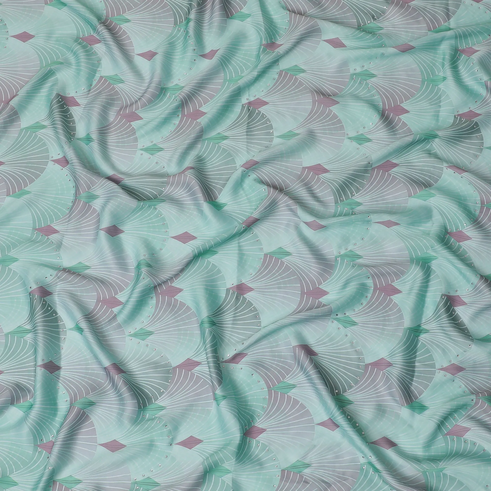 Chic Mint Green and Grey Synthetic Modal Satin Fabric with Abstract Design and Stone Work, 110 cm Width-20041