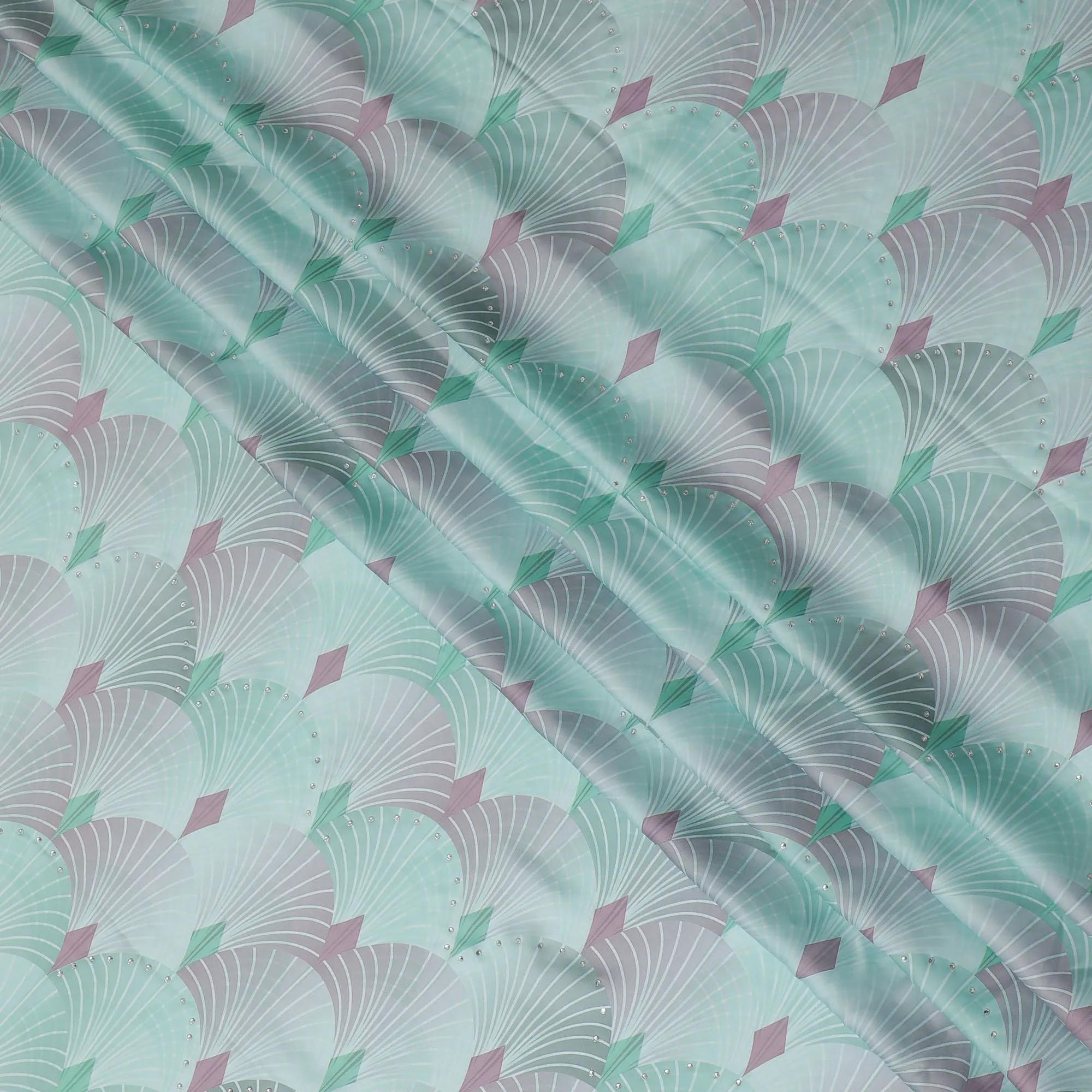 Chic Mint Green and Grey Synthetic Modal Satin Fabric with Abstract Design and Stone Work, 110 cm Width-20041